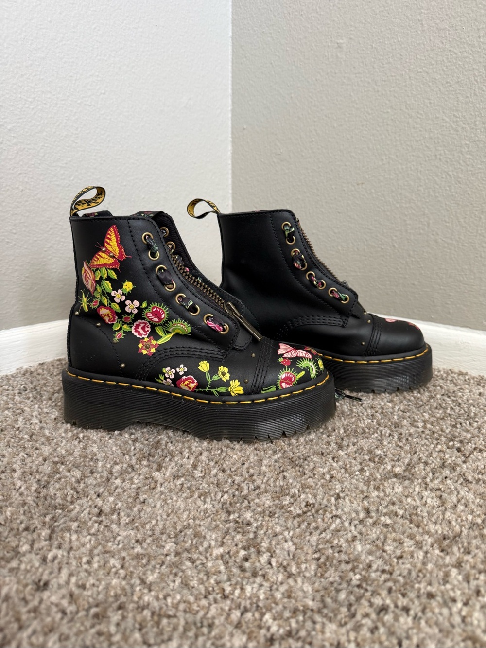 Dr. Martens Black Sinclair in Full Bloom Platform Lace-Up Boots